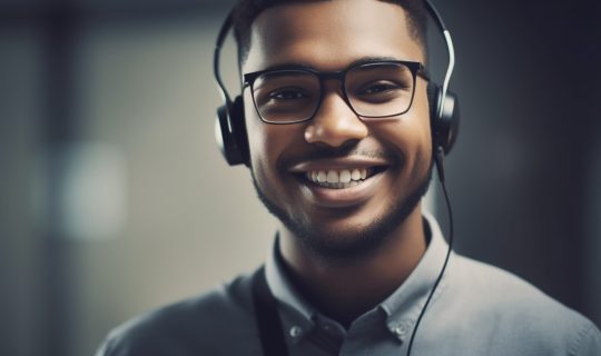 Smiling young adult enjoying music with headphones generative AI